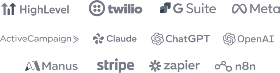 HighLevel, Twilio, G Suite, Meta, ActiveCampaign, Claude, ChatGPT, OpenAI, Manus, Stripe, Zapier, n8n